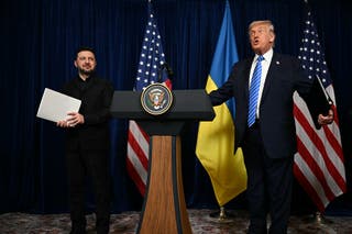 US president Donald Trump and Ukranian president Volodymyr Zelensky arrive at a press conference